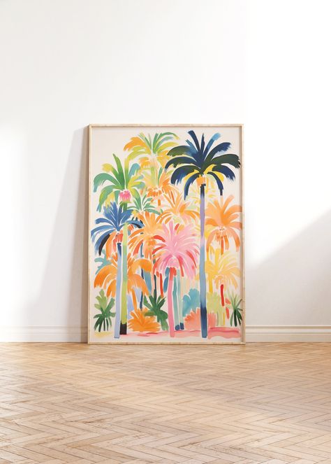 DIGITAL DOWNLOAD PRINTABLE ART | Watercolor Palm Trees Beach painting in neutral colorful tones. Perfect decor for your Living or Dining room, Kitchen shelf or Bookcase. Instantly download, print and frame your new artwork Please note no physical product is delivered with this listing. PERSONAL USE ONLY. OAK & ASPEN PRINTS INCLUDED JPG FILES in 300dpi resolution: FILE #1 - A1-A4 ISO & 5x7 in Can be printed in the following sizes: A1 / A2 / A3 / A4 / 5x7 in FILE #2 - Ratio 2 to 3 Can be printed i Water Color Art Prints, Beach Artwork Painting, Watercolour Palm Tree, Painting Ideas Beach, Beach Painting Ideas, Painting Palm Trees, Palm Tree Watercolor, Art Painting Colorful, Palm Tree Prints