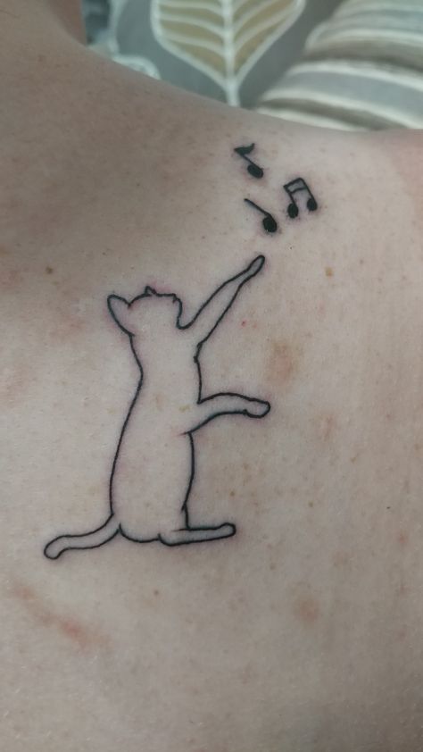 Cat With Music Notes Tattoo, Cat With Guitar Tattoo, Cat And Music Tattoo, Music Best Friend Tattoos, Music Cat Tattoo, Cat Music Tattoo, Meaningful Music Tattoos, Alto Clef Tattoo, Jazz Tattoo Ideas