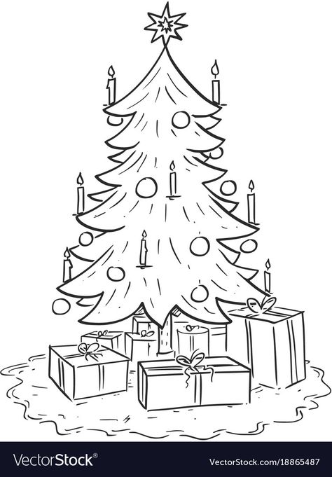 Christmas Tree Drawing Easy, Draw A Christmas Tree, Awkward Quotes, Tree With Presents, Xmas Drawing, Christmas Tree Drawing, Christmas Tree With Presents, Gift Vector, Easy Cartoon Drawings