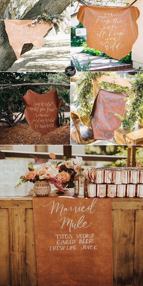 Bohemian-themed brown Leather wedding signs Leather Wedding Sign, Leather Centerpiece, Mirror Wedding Signs, Signage Ideas, Pecky Cypress, Wedding Boards, Wedding Chalkboard Signs, Cheap Backyard, Wedding Signs Diy