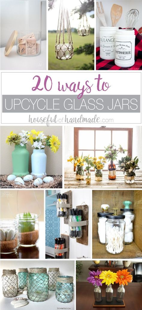 Don't throw away those old jars & bottles, reuse them instead! Here are 20 ways to Upcycle Glass Jars & Bottles as home decor and storage. Housefulofhandmade.com | Upcycle Jars | Reuse Jars | DIY Home Decor | Upcycled Home Decor | Ways to Recycle Glass Repurposed Glass Jars, Upcycle Glass Jars, Upcycle Jars, Glass Jars Diy, Reuse Jars, Old Jars, Recycle Projects, Bottle Decorations, Crafts With Glass Jars