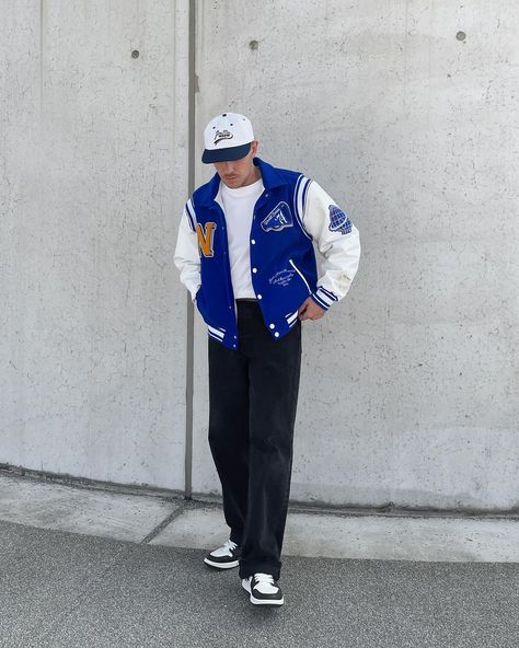 Blue Outfit Ideas Men, Jaded Man, Varsity Streetwear, Varsity Jacket Outfit, Trendy Boy Outfits, Varsity Jacket Men, Boys Fits, Seoul Fashion Week, Mens Trendy Outfits