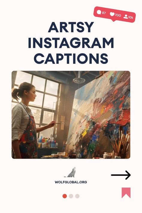 A woman painting on a large canvas in a sunlit studio, with artsy Instagram captions overlay.
A checklist of artistic affirmations with emojis and a CTA button saying "Get 100+ more".
Woman with laptop and doodles promoting Instagram engagement services on wolfglobal.org. Caption For Art Work, Artsy Captions, Sunday Captions, Ig Captions, Caption For Yourself, Instagram Captions, Level Up, Art Quotes, Art Work