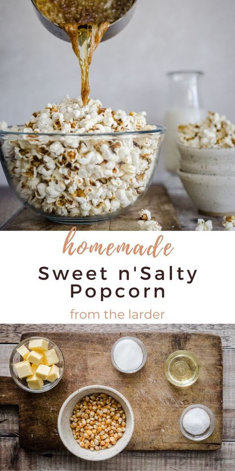 This Perfectly Sweet n’Salty Popcorn is quick to make with 5 easy ingredients. It’s an absolute classic popcorn recipe, an utter crowd pleaser, and is the ideal accompaniment to every movie night. #popcorn #stovetop #howtomake #sweet #salty #snack Sticky Popcorn Recipes, Poppycock Recipe, How To Make Sweet Popcorn, Salty Popcorn Recipes, Popcorn Stovetop, Easy Salty Snacks, Sweet And Salty Popcorn Recipes, How To Make Sweet And Salty Popcorn, Sweet Popcorn Recipes