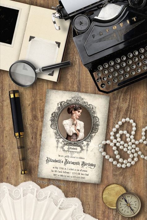 If you admire 1800's style and you're a fan of Enola Holmes or Bridgerton, or simply want to throw a Victorian themed party, you'll love this invitation. With this romantic Victorian 1800's themed birthday photo invitation template you can add your own photo to an actual antique Victorian photo frame (genuine 1800's photo frame). You can edit wording for any event (birthday, costume party etc). It has a matching back side. And everything can be done in just minutes! Victorian Birthday Party, Victorian Theme Party, Birthday Costume Party, Victorian Birthday, Victorian Party, Victorian Theme, Frame Invitation, Birthday Costume, Geeky Craft