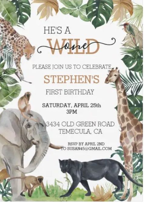 Wild One jungle & safari animals themed 1st birthday invitations. First birthday party invites featuring Zoo animals. afflink One Birthday Invitations, First Birthday Invitation Cards, Camo Birthday Party, Safari Wild One, Snake Birthday, Bubble Birthday Parties, Jungle Theme Birthday Party, Camo Birthday, Zoo Birthday Party