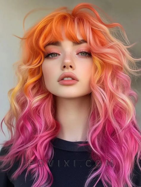 34 Sunset Hair Color Ideas 2024: Styles Including Fire Red, Purple Ombre and Peekaboo Highlights Creative Colour Hair Ideas, Pink And Orange Hair Ombre, Pink Orange Ombre Hair, Pastel Sunset Hair, Multi Colored Hair Ideas, Pink Bangs Black Hair, Orange Purple Hair, Purple Orange Hair, Orange And Purple Hair