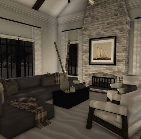 Bloxburg Living Room Dark Academia, Bloxburg Interior Living Room, Bloxburg Cinema Room, Bloxburg Apartment Ideas Interior, Bloxburg Family Room, Bloxburg Farmhouse Living Room, Bloxburg Interior Ideas Living Room, Blocksburg Living Room Ideas, Bloxburg Minimalist House