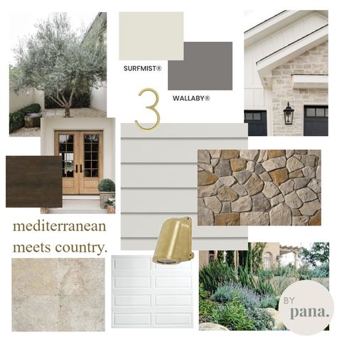 Mood Board Exterior Architecture, Villa Mood Board, Mediterranean Country House, Cream Exterior Paint Colors Modern, Exterior Facade Mood Board, Facades Design, Facade Colour Scheme, Mediteranian House Exterior, Exterior Mood Board Home