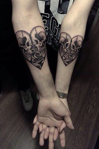 Skull Couple Tattoo, Married Couple Tattoos, Him And Her Tattoos, Partner Tattoos, Forearm Tattoo Quotes, Mayan Tattoos, Best Couple Tattoos, Couples Tattoo, Cute Couple Tattoos