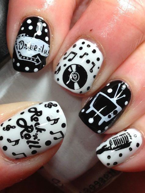 Just Give Me Some Of Those Rock N Roll Nails............ !! Music Nail Art, Rockabilly Nails, Decades Day, Music Nails, Luv Nails, Rock Nails, Vintage Nails, White Nail, Nail Polish Designs