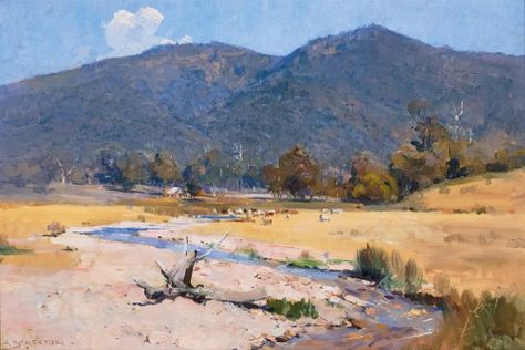 OUT OF THE PURPLE MOUNTAINS IT GETS ITS WATERS, 1928 | Deutscher and Hackett Purple Mountains, Landscape Oil Paintings, Australian Painting, Australian Painters, Australian Landscape, Mountains Landscape, Figurative Painting, File Image, National Art