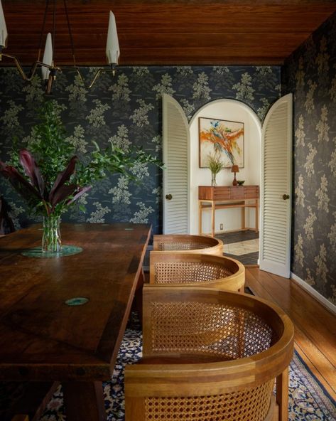 Wallpaper On Ceiling, Moody Dining Room, Moody Home Decor, West Hollywood California, Dining Room Inspiration, Hollywood California, Dining Room Design, West Hollywood, Eclectic Decor