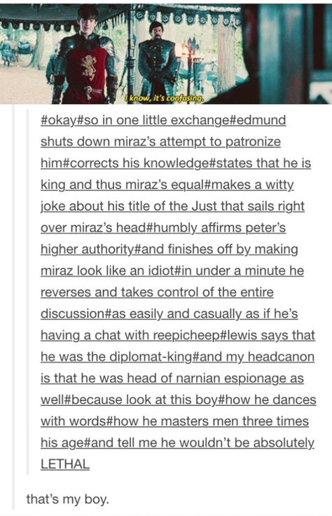 YES!!!! Best. Character. Scene. Ever. Narnia Kings And Queens, Edmund Pevensie Headcannons, The Chronicles Of Narnia Edmund, Narnia Pevensie Siblings, Character Scene, King Edmund, For Narnia And For Aslan Quote, Chronicles Of Narnia Books, Narnia Movies