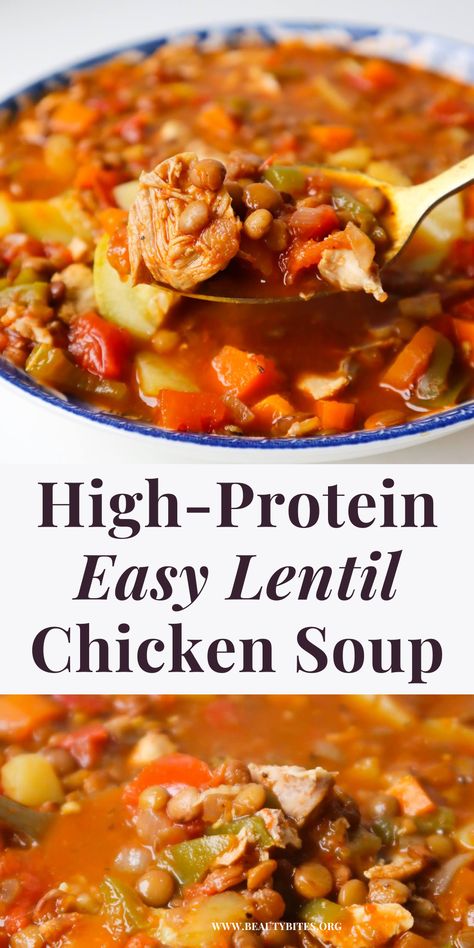 The most amazing easy healthy lentil chicken soup recipe for dinner or lunch! Made with chicken, lentils and tons of vegetables this is a healthy high-protein high-fiber soup recipe that is packed with flavor as well! Lentil Soup Chicken, Chicken Lentil Soup Recipe, Lentil Chicken Recipes, Chicken Lentil Recipes, Chicken And Lentil Recipes, Lentil Chicken Soup, Lentil Recipes Crockpot, Chicken And Lentil Soup, Lentil Chicken