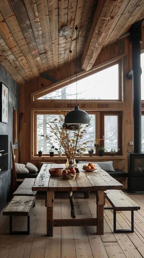 Mountain Cabin Dining Room, Scandinavian Cabin Interior, Cabin Interior Ideas, Modern Cabin Interior, Scandinavian Cabin, Cabin Interior Design, Tiny House Loft, Cabin Interiors, Modern Tiny House