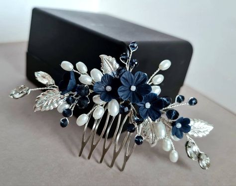 Navy blue handmade floral wedding set. Created from handmade flowers (polymer clay), crystal rhinestones and beads, pearl beads, jewelry wire and metal leaves. The length of the hair comb is 7.5 inches. The length of the small hair comb is 4.5 inches (not pictured). Earrings with hippoplehrogenic clasps, 3 inches long. * All orders from the Exclusive Wedding Shop you will receive in a FREE beautiful gift box. * Standard shipping: - USA: 12-15 business days - Europe: 3-5 weeks - Canada: 6-10 week Navy Hair Accessories, Dark Blue Jewelry, Royal Blue Jewelry, Royal Blue Hair, Navy Blue Jewelry, Jewelled Headpiece, Blue Headpiece, Navy Blue Hair, Dark Blue Wedding