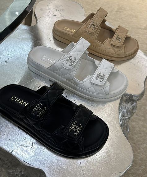 Classy Sandals, Chanel Slides, Chanel Sandals, Aesthetic Shoes, Slides, Slippers, Chanel, Sandals, Sneakers