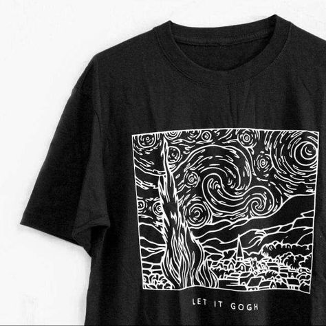 Black Tshirt Print Ideas, Black White Graphic Art, Van Gogh Tshirt Design, Tshirt Shop Design, Aesthetic Design For Tshirt, Black Shirt Painting Ideas, Black Tshirt Embroidery Ideas, Embroidery Black Shirt, Graphic T Shirt Design Aesthetic