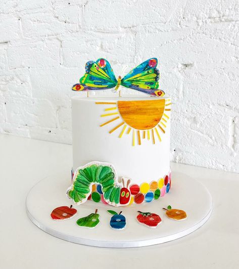 The Very Hungry Caterpillar Cake, Hungry Caterpillar Cake, Caterpillar Cake, Hungry Caterpillar Birthday, The Very Hungry Caterpillar, Dream Cake, Painted Cakes, 1st Birthday Cake, Very Hungry Caterpillar