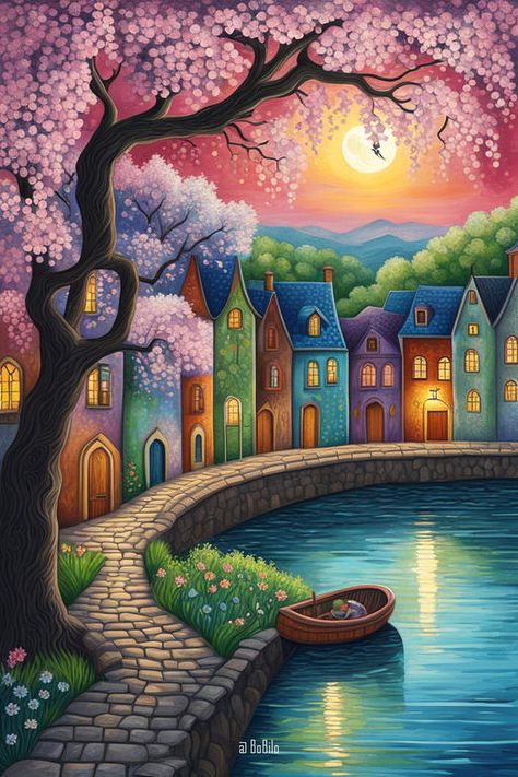 Fairy-Tale Spring Vistas Whimsical Art Paintings Imagination, Fairy Tale Drawings, Whimsical Art Illustrations, Fairy Garden Drawing, Spring Landscapes, Basic Art Techniques, Sunset Canvas Painting, Whimsical Art Journal, Whimsical Art Paintings