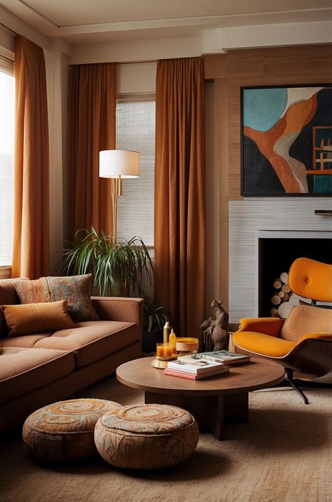 17 Modern 70s Living Room Ideas » Comfy Ideas Midcentury Modern Cozy Living Room, Modern 70s Living Room, Hollywood Style Bedroom, Winter Curtains, 70s Living Room, Mid Century Interior Design, 70s Furniture, Summer Living Room, Mid Century Interior