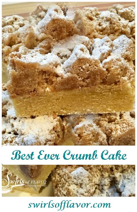 Our Best Ever Crumb Cake is piled high with buttery crumbs and made with simple basic ingredients from your fridge and pantry. Every bite of our moist crumb cake recipe is heavenly when a rich vanilla-scented cake is topped with buttery cinnamon crumbs kissed with powdered sugar! Trust me when I tell  you that this is the best ever rich buttery Crumb Cake you’ll ever taste! #crumbcake #homemade #baking #easyrecipe #brunch #dessert #swirlsofflavor Easy Crumb Cake, Easy Crumb Cake Recipe, New York Crumb Cake Recipe, Crumb Cake Topping, Crumb Coffee Cakes, Brunch Dessert, Coffee Cake Recipes Easy, Crumb Cake Recipe, Homemade Baking