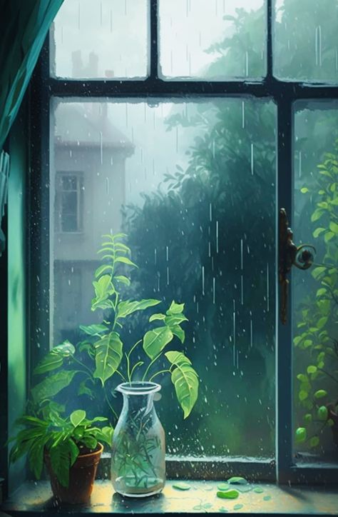 Rainy Art Aesthetic, Rainy Day Canvas Paintings, Rainy Window Drawing, Rain Illustration Rainy Days, Rainy Window Painting, Rainy Day Painting Acrylic, Rainy Illustration, Raindrops Painting, Raindrop Drawing