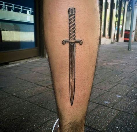 Dagger Chest Tattoo Female, Simple Tattoos Men, Thigh Band Tattoo, Traditional Dagger Tattoo, Back Of Leg Tattoos, Knife Tattoo, Tattoos Men, Omerta Tattoo, Skeleton Hand Tattoo