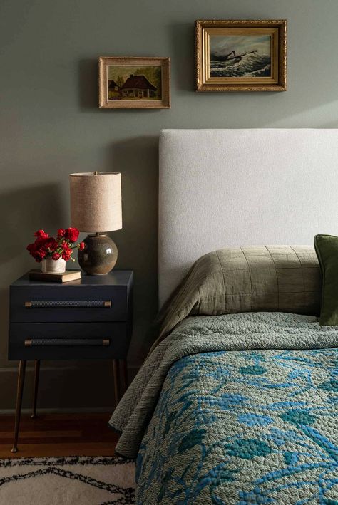 Heidi Caillier Design, Green Upholstered Bed, Blue Green Bedrooms, Heidi Caillier, Grey Headboard, Cottage Bedroom, Bedroom Green, Blue Bedding, Blue Bedroom