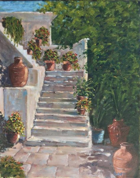 Stairs Painting Art, Painting Of Stairs, Staircase Painting, Stairs Drawing, Stairs Painting, Staircase Drawing, How To Draw Stairs, Painting Steps, Outside Stairs