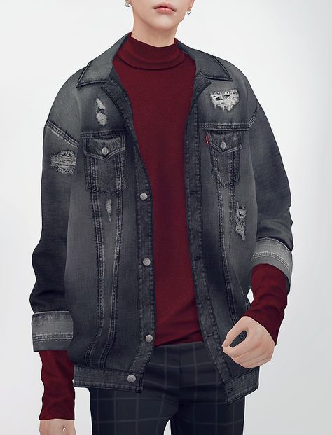 Sims4 Cc Male Shirt, Sims 4 Cc Jean Jacket Male, Sims 4 Male Shirts Cc, Sims 4 Male Shirts, Custom Cast, Turtle Neck Men, Tied Shirt, Jean Jacket Men, Oversized Jeans