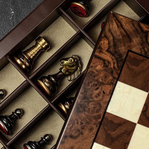 Fantasy Chess Pieces, Unique Chess Sets, Old Chess Board, Chess Board Aesthetic, Brass Aesthetic, Classic Chess Set, Wood Chess Board, Luxury Chess Sets, Chess Set Unique