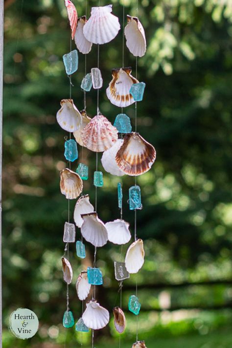 Inspired by the movie "The Choice" this easy seashell and glass windchime is a charming addition to your outdoor decor. Seashell Crafts Kids, Decorated Seashells, Sea Glass Wind Chime, Seashell Mobile, Windchimes Diy, Mermaid Garden, 33 Birthday, Glass Windchimes, Shell Projects