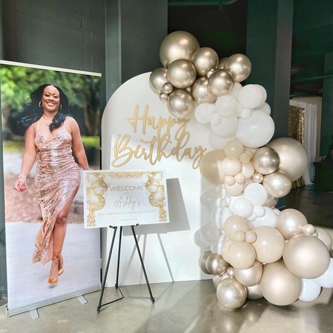 Still can’t get over this birthday party! I just love the white, tan, and gold. ✨✨✨ | Instagram White Decor Party, Gold White Decor, Woman Birthday Party, White Decor, 40th Birthday, Balloon Decorations, Just Love, The White, Birthday Parties