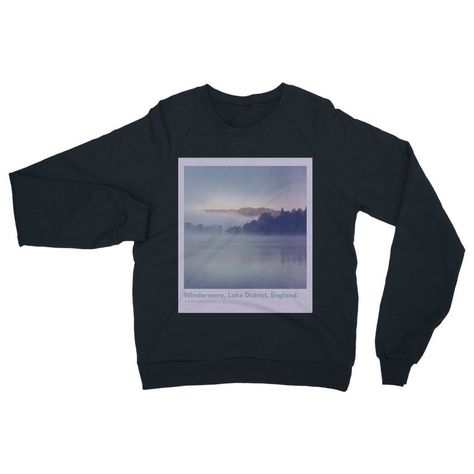 Black long sleeved sweatshirt with square Polaroid style print of a misty Lake Windemere landscape in muted tones with Windermere, Lake District, England text in light blue and the lyrics A perfect place to cry text underneath Subtle Taylor Swift Merch, Subtle Taylor Swift, Taylor Swift Merch, Music Merch, Black Crewneck, Crewneck Sweatshirt, Taylor Swift, Swift, Crew Neck Sweatshirt