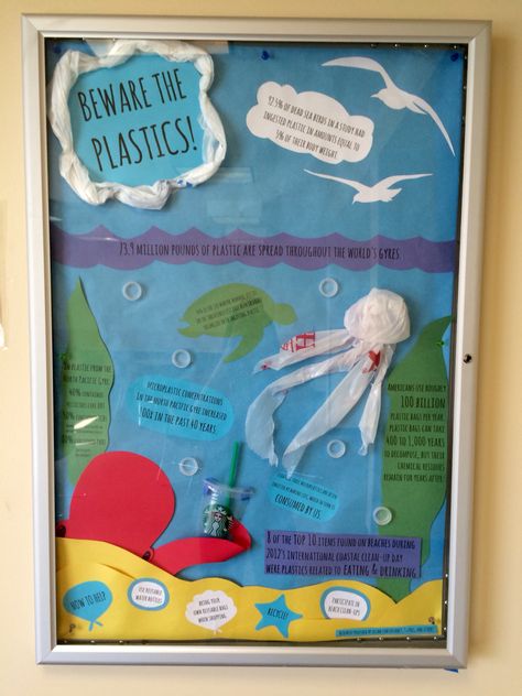 "Beware the Plastics" Ocean waste awareness bulletin board. Facts about the impact of plastic waste in oceans. Ocean Awareness Poster, Ocean Plastic Pollution Poster, Water Pollution Diorama, Conservation Bulletin Board, Water Pollution Project For School, Planet Vs Plastic Poster, Save Ocean Poster, Save The Ocean Posters, Say No To Plastic Posters Creative