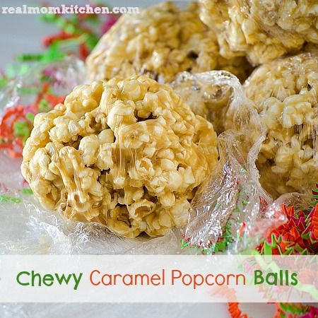 Chewy Caramel Popcorn Balls l realmomkitchen.com Carmel Popcorn Balls, Chewy Caramel Popcorn, Caramel Popcorn Balls Recipe, Caramel Popcorn Balls, Popcorn Balls Recipe, Marshmallow Popcorn, Popcorn Recipes Caramel, Chewy Caramel, Popcorn Treats