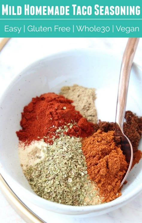 Make your own taco seasoning at home to use on chicken or ground beef tacos, in taco soup or taco spaghetti It's easy to triple the recipe and store it in a mason jar in the pantry until ready to use. This recipe is mild, gluten free, preservative free and Whole 30 compliant! #tacoseasoning #homemade #glutenfree #easy #whole30 #recipe Low Fodmap Chili Seasoning, Gluten Free Seasonings, Gluten Free Chili Seasoning, Chili Seasoning Mix Recipe, Homemade Chili Seasoning Mix, Easy Taco Seasoning Recipe, Taco Seasoning Easy, Gluten Free Taco Seasoning, Chili Powder Recipe