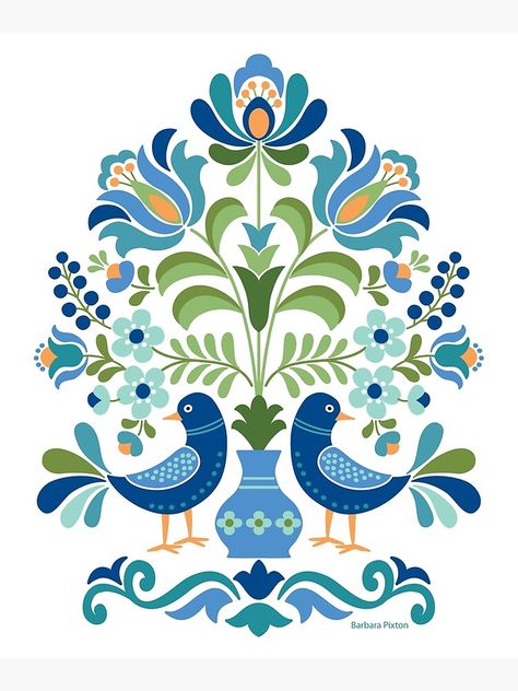 Birds Poster, Blue Bird Art, Arte Folk, Polish Folk Art, Folk Art Flowers, Pichwai Paintings, Folk Design, Bird Canvas, Bird Poster