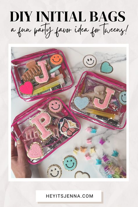 DIY Initial Favor Bags • hey, it's jenna Makeup Bag Gift Ideas Party Favors, Diy Craft Birthday Party Ideas, Bday Gift Bags Party Favors, Skincare Party Favors, Birthday Diy Activities, Build Your Own Goodie Bag Bar, 13 Birthday Goody Bags, Cute Party Favors Birthday, Preppy Birthday Gift Bags