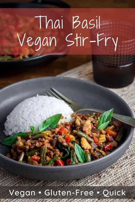 This quick and easy Thai Basil Vegan Stir-Fry is full of delicious Thai sweet, salty and umami flavours and made with economical and healthy soya mince (TVP). Good for your health, good for your finances and great flavour! It can be ready in less than half an hour and is vegan and gluten-free too! #thaibasilveganrecipe #thaibasil #stirfry #vegandinner #veganthairecipe #veganstirfry Thai Basil Tofu Stir Fry, Minced Soya Recipes, Basil Recipes Vegan, Tvp Recipes, Pad Krapow, Vegan Board, Vegan Stir Fry, Soy Curls, Tofu Stir Fry