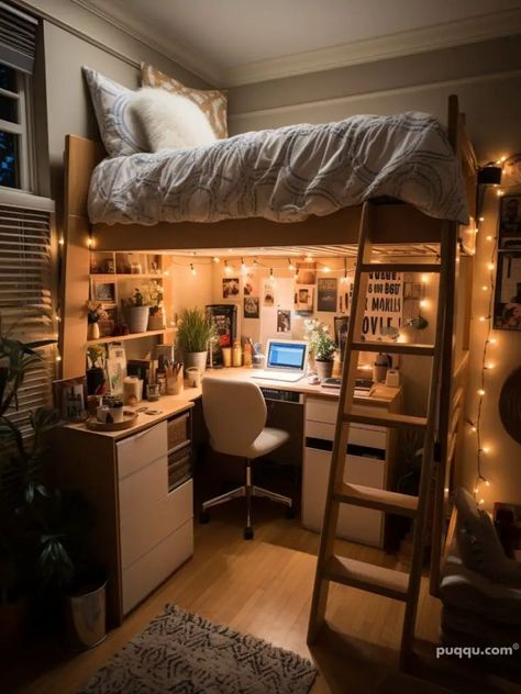 Dorm Room Ideas - Creative and Space-Saving Solutions - Puqqu Desk Under Bed Aesthetic, College Dorm Room Ideas Lofted Beds Aesthetic, Dorm Room Decor Lofted Bed, Two Bed Dorm Room Ideas, Dorm Room Designs Lofted Beds, Lofted Bed Dorm Room Ideas Aesthetic, Lifted Bed Dorm Room Ideas, Loft Dorm Bed, Dorm With Lofted Bed