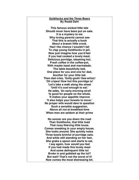 30 Luxury Funny Poems About Choirs- hilarious poems are nothing less than creative comedy. This is why many people take that poets who write hilarious poetry are the most creative poets.							 Goldilocks and the three bears for choral speakingCrocodile Poems Choir PoemsChoir PoemsThe sole target of hilarious poems is to make the reader laugh and whether or not the poet accomplishes this will determine whether the poem will be perceived as fine or bad. Not every poets can write comedy just subse Funny English Poems For Grade 6, Oral Reading Poems, Long Funny Poems, Roald Dahl Poems, Daycare Songs, Poems For Middle School, Choral Reading, Poems For Students, Theatre Workshop