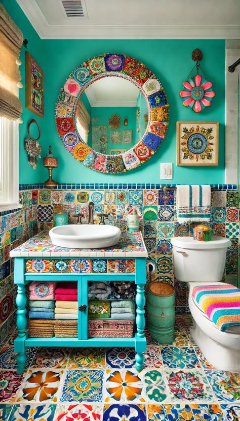 Transform Your Space: 21 Stunning Guest Bathroom Decor Ideas You’ll Love! 🚿✨ Mexican Decor Bathroom, Colorful Bathroom Ideas Bright, Luxurious Guest Bathroom, Guest Bathroom Decor Ideas, Colorful Bathroom Vanity, Mexican Bathroom Ideas, Creative Bathrooms, Contemporary Guest Bathroom, Funky Bathrooms