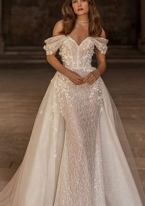 Mermaid Dress With Overskirt Prom, Wedding Dress With Side Train, Off Shoulder Embellished Wedding Dress, 2 In One Dress Bridal Gowns, Off The Shoulder Wedding Dress With Overskirt, Mermaid Overskirt Wedding Dress, Wedding Dresses With Over Skirt, 2024 Wedding Dresses Sleeves, Wedding Dress Mermaid With Overskirt