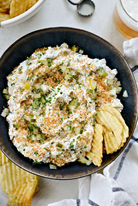 Fried Pickle Ranch Dip - Simply Scratch Baseball Tailgate Food, Fun Party Dips, Fried Dill Pickle Dip, Pickle Ranch Dip, Pickle Ranch, Pink Recipes, Gameday Recipes, Southern Appetizers, Garlic Dill Pickles