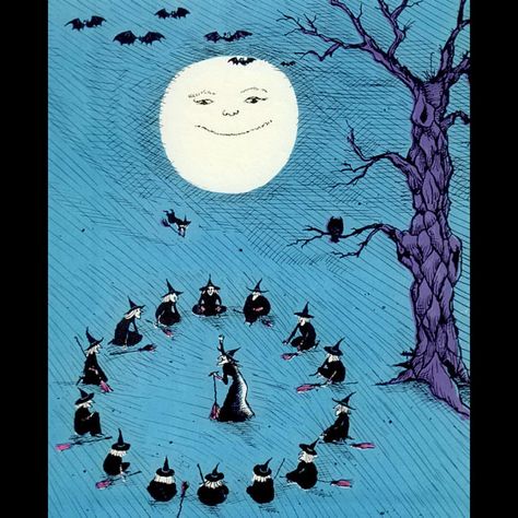 Weeny Witch (1968) Written by Ida DeLage. Illustrated by Kelly Oeschli #art #illustration #witch #moon #vintage #bookstagram #favorite… Witch's Circle, Group Of Witches, Motion Story, Vintage Witch Art, Baba Jaga, Creature Fantasy, Image Halloween, Spooky House, Vintage Witch