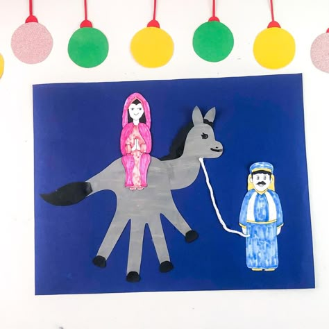 Mary & Joseph - Donkey Handprint Craft for Christmas The Donkey Who Carried A King Activities, Donkey Handprint Craft, Mary And Joseph Craft Preschool, Mary Joseph Donkey, Nativity Crafts For Kids, Donkey Craft, Joseph Crafts, Craft For Christmas, Puppet Crafts