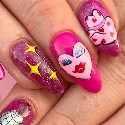 Gabby (Nail Artist) on Instagram: "Pink Pony Club x Chappell Roan London Night 3 nails 💕✨

Had the BEST time creating these. Whilst I’m incredibly jealous clients are going, I at least get to live vicariously via these sets 🥺🫶🏻" Chappell Roan Nail Ideas, Chappell Roan Inspired Nails, Chappel Roan Nails, Pink Pony Club Nails, Chappell Roan Nails, Disco Ball Nails, Pink Pony Club, London Night, Pony Club